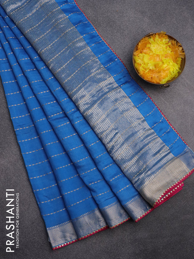 Semi chanderi saree cs blue and pink with allover zari weaves and zari woven & gotapatti lace work border