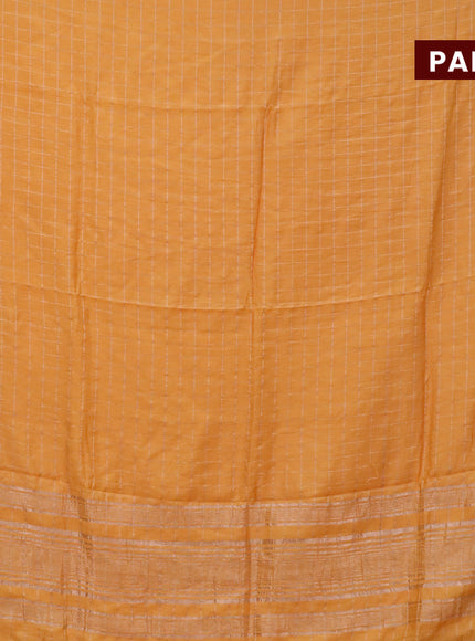 Semi chanderi saree mustard yellow and dark blue with allover zari checks and zari woven & gotapatti lace work border