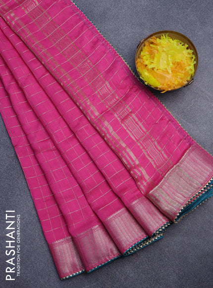 Semi chanderi saree pink with allover zari checks and zari woven & gotapatti lace work border