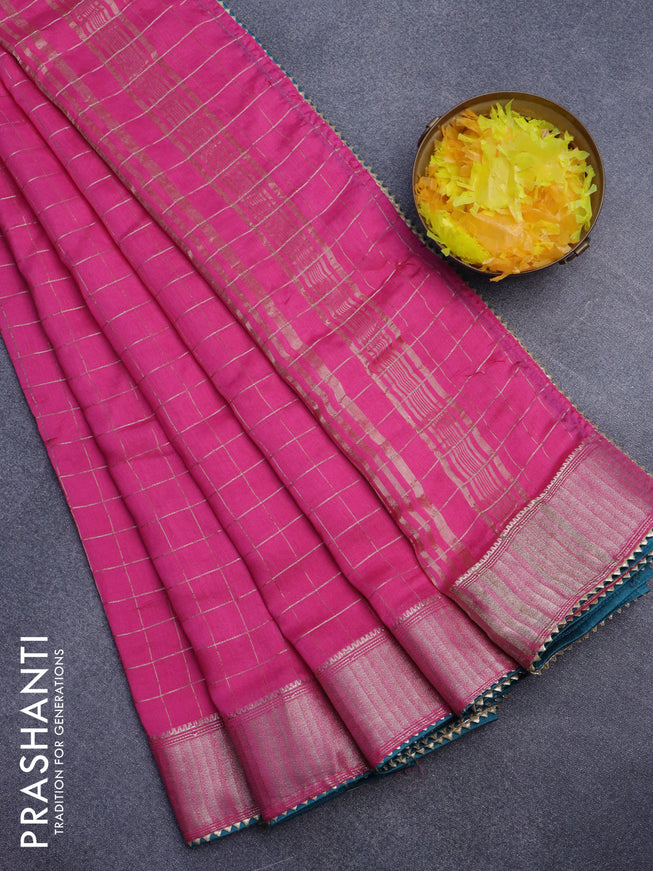 Semi chanderi saree pink with allover zari checks and zari woven & gotapatti lace work border