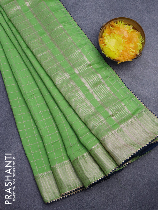 Semi chanderi saree light green and peacock blue with allover zari checks and zari woven & gotapatti lace work border