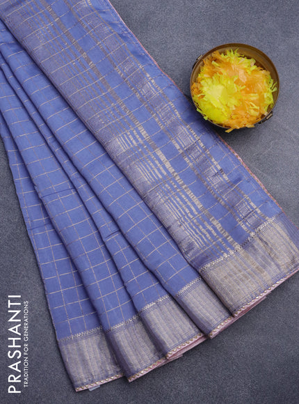 Semi chanderi saree blue shade and pastel pink with allover zari checks and zari woven & gotapatti lace work border