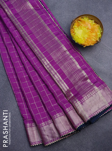 Semi chanderi saree purple and peacock blue with allover zari checks and zari woven & gotapatti lace work border