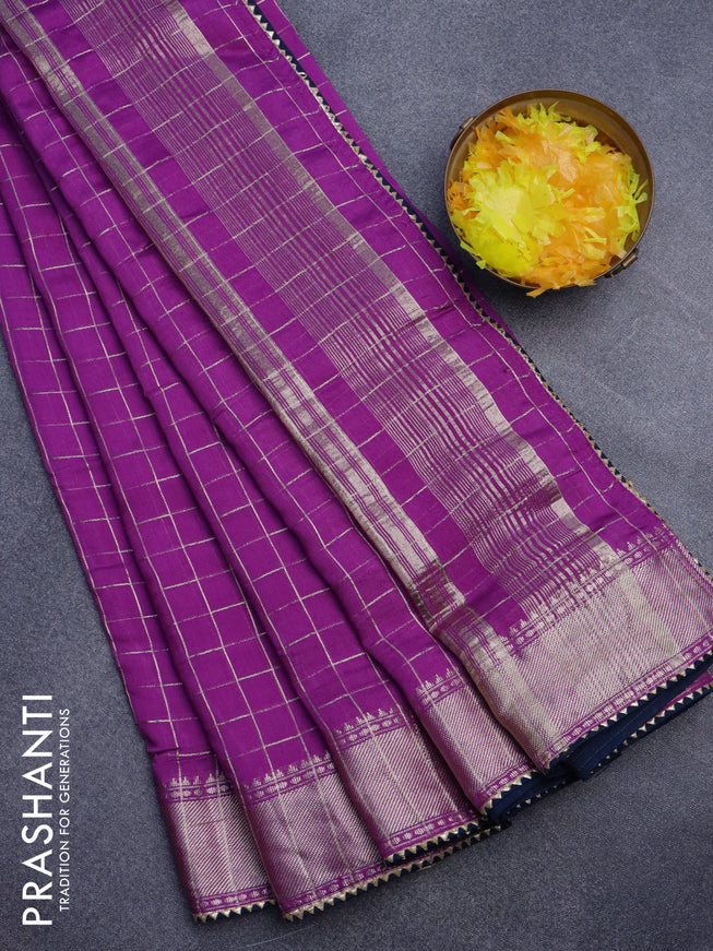 Semi chanderi saree purple and peacock blue with allover zari checks and zari woven & gotapatti lace work border