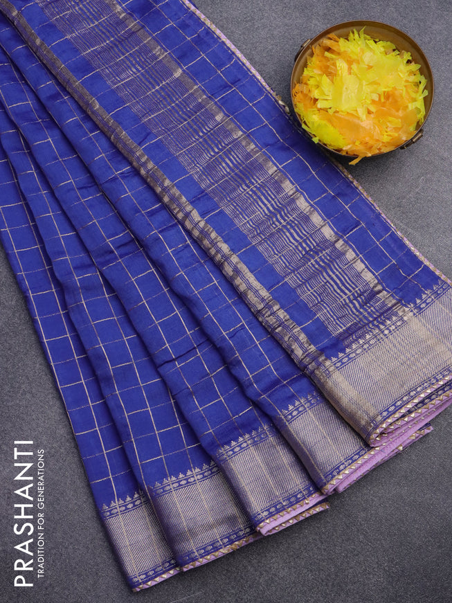 Semi chanderi saree blue and lavender with allover zari checks and zari woven & gotapatti lace work border