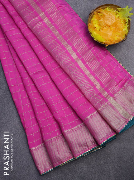 Semi chanderi saree pink and peacock green with allover zari checks and zari woven & gotapatti lace work border