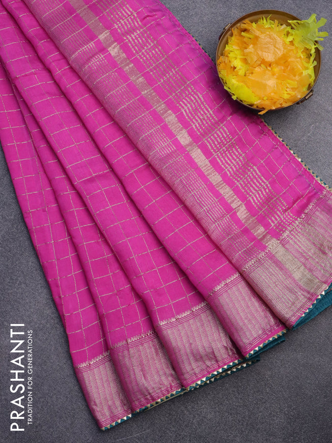 Semi chanderi saree pink and peacock green with allover zari checks and zari woven & gotapatti lace work border