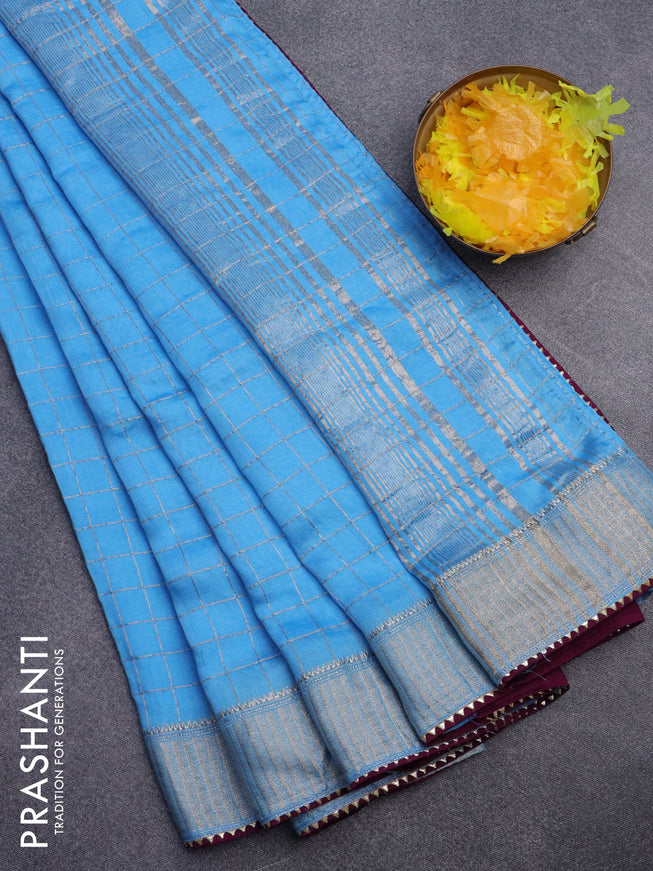 Semi chanderi saree light blue and purple with allover zari checks and zari woven & gotapatti lace work border