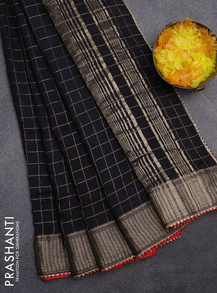 Semi chanderi saree black and red with allover zari checks and zari woven & gotapatti lace work border