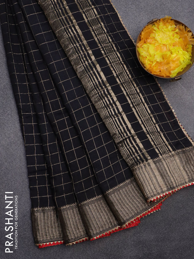 Semi chanderi saree black and red with allover zari checks and zari woven & gotapatti lace work border