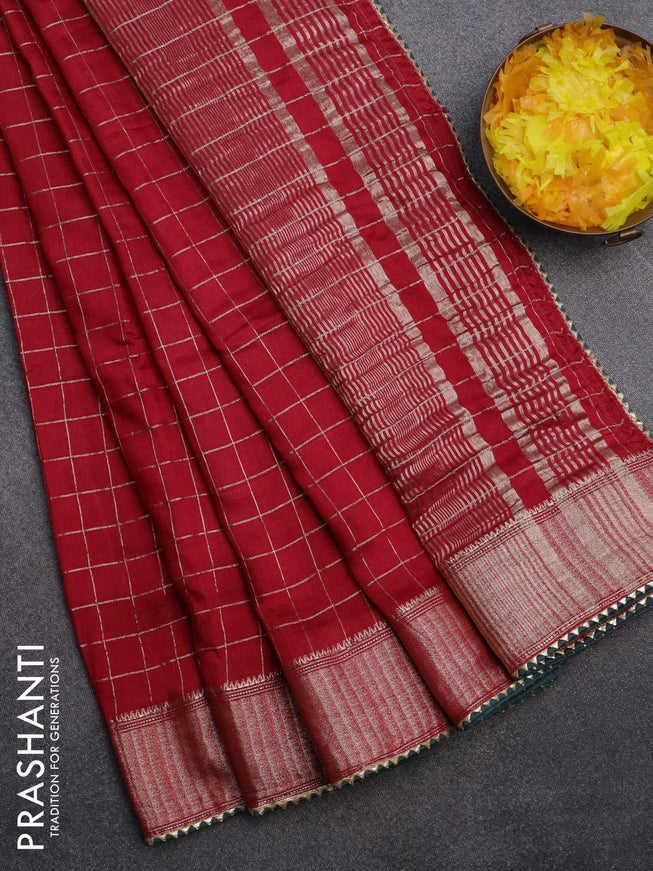 Semi chanderi saree red and dark green with allover zari checks and zari woven & gotapatti lace work border