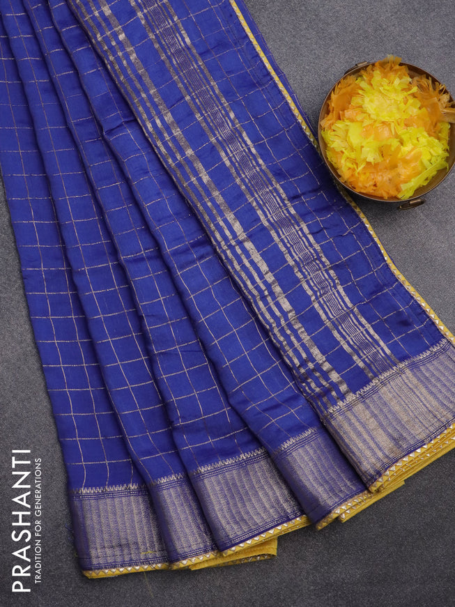 Semi chanderi saree blue and yellow with allover zari checks and zari woven & gotapatti lace work border