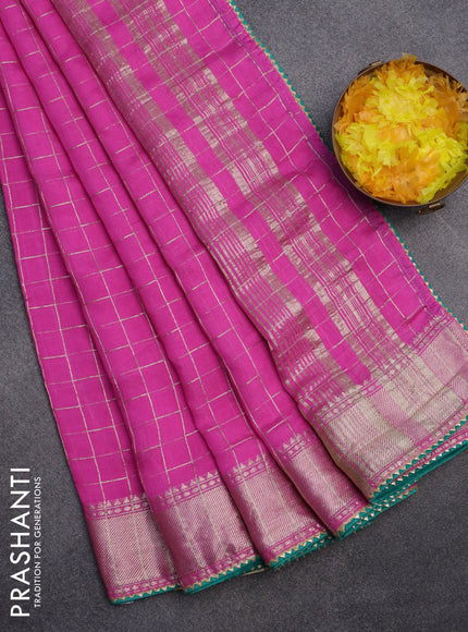 Semi chanderi saree pink and teal green with allover zari checks and zari woven & gotapatti lace work border