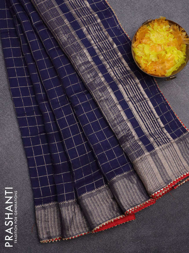 Semi chanderi saree blue and red with allover zari checks and zari woven & gotapatti lace work border