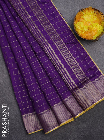 Semi chanderi saree violet and yellow with allover zari checks and zari woven & gotapatti lace work border