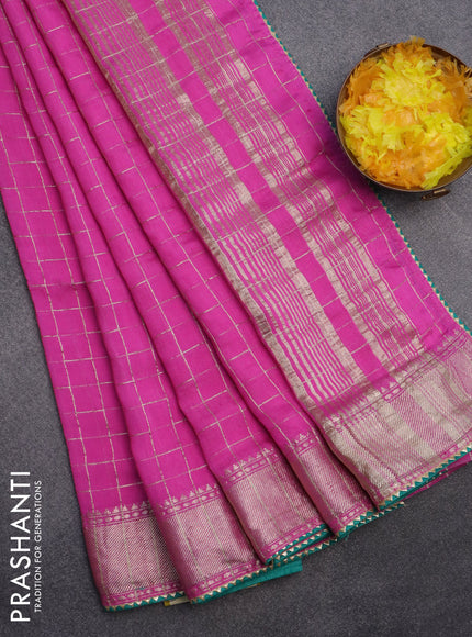 Semi chanderi saree pink and teal green with allover zari checks and zari woven & gotapatti lace work border