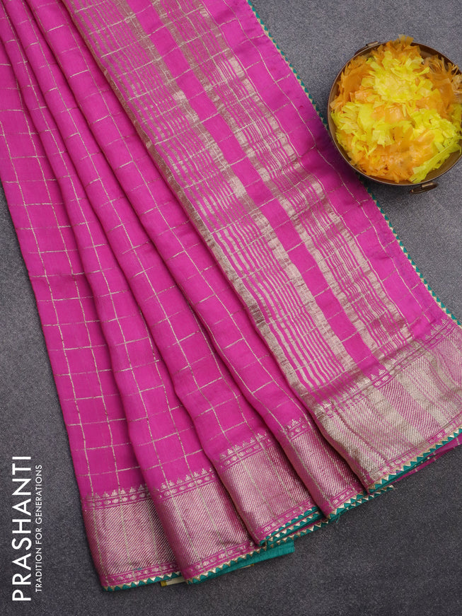 Semi chanderi saree pink and teal green with allover zari checks and zari woven & gotapatti lace work border