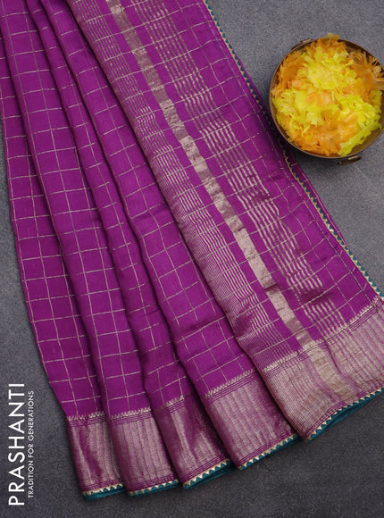 Semi chanderi saree purple and teal blue with allover zari checks and zari woven & gotapatti lace work border