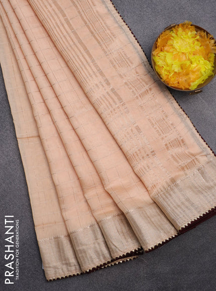 Semi chanderi saree peach shade and deep maroon with allover zari checks and zari woven & gotapatti lace work border