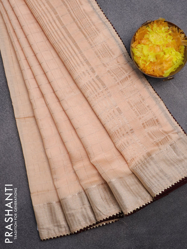 Semi chanderi saree peach shade and deep maroon with allover zari checks and zari woven & gotapatti lace work border