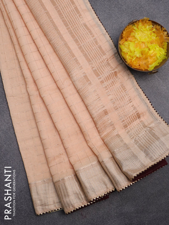 Semi chanderi saree peach shade and deep maroon with allover zari checks and zari woven & gotapatti lace work border