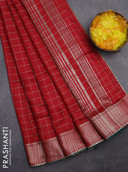 Semi chanderi saree red and green with allover zari checks and zari woven & gotapatti lace work border