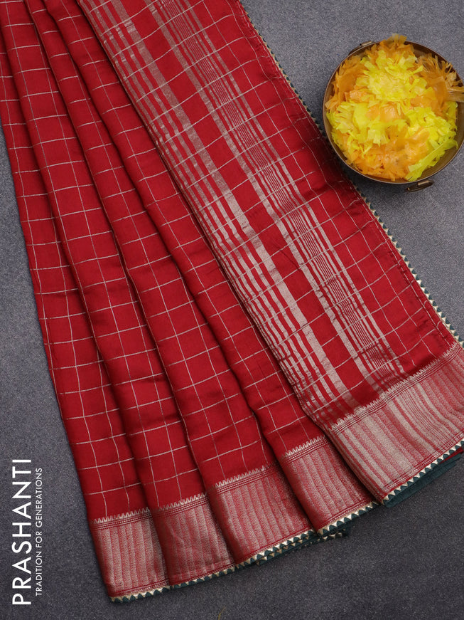 Semi chanderi saree red and green with allover zari checks and zari woven & gotapatti lace work border