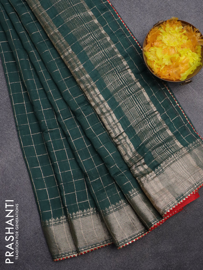 Semi chanderi saree green and red with allover zari checks and zari woven & gotapatti lace work border