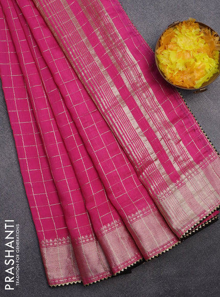 Semi chanderi saree pink and black with allover zari checks and zari woven & gotapatti lace work border