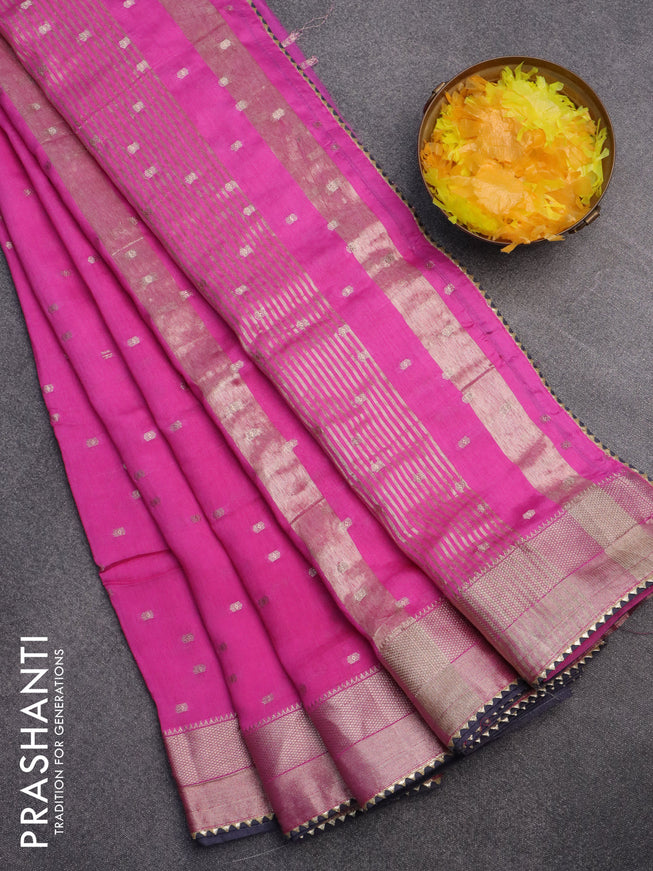 Semi chanderi saree pink and dark grey with allover zari woven buttas and zari woven & gotapatti lace work border