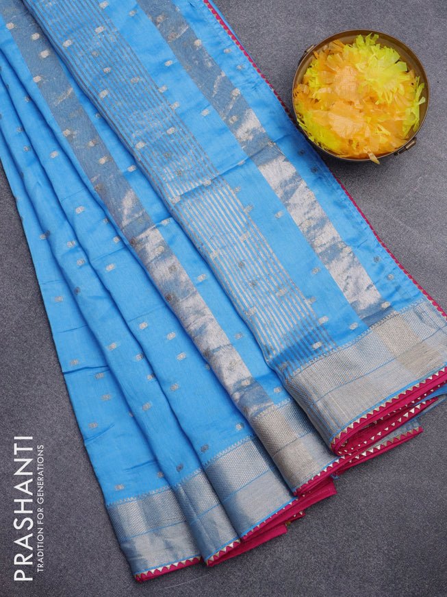 Semi chanderi saree light blue and pink with allover zari woven buttas and zari woven & gotapatti lace work border