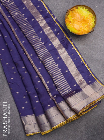 Semi chanderi saree dark blue and mustard yellow with allover zari woven buttas and zari woven & gotapatti lace work border