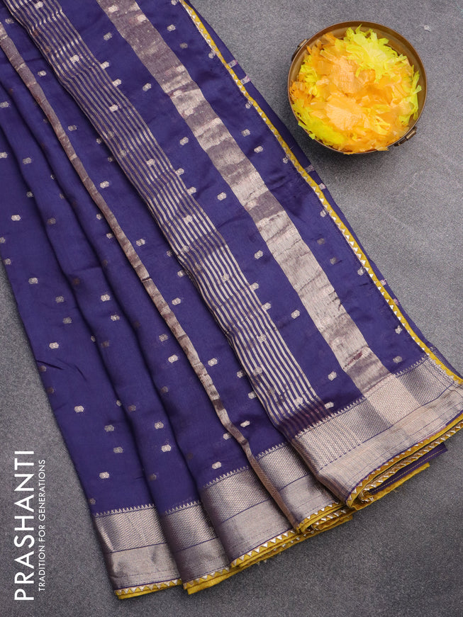 Semi chanderi saree dark blue and mustard yellow with allover zari woven buttas and zari woven & gotapatti lace work border