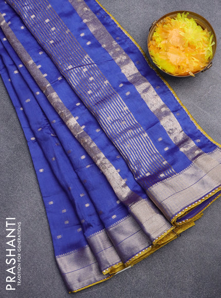 Semi chanderi saree blue and mustard yellow with allover zari woven buttas and zari woven & gotapatti lace work border