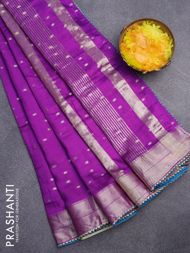 Semi chanderi saree purple and cs blue with allover zari woven buttas and zari woven & gotapatti lace work border