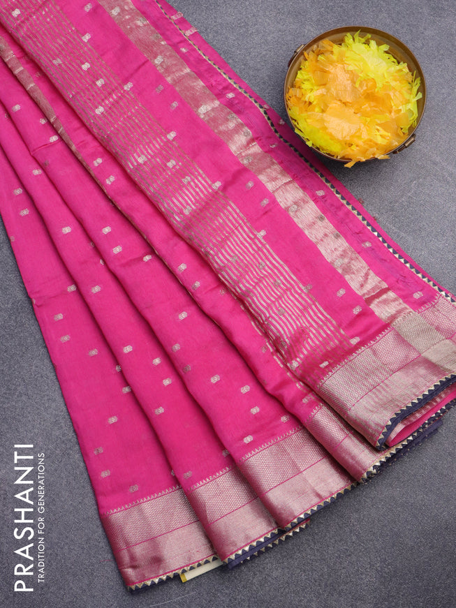 Semi chanderi saree pink and grey with allover zari woven buttas and zari woven & gotapatti lace work border