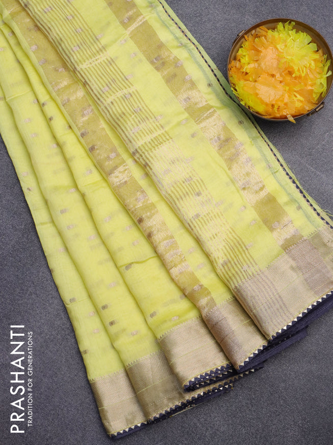 Semi chanderi saree pale yellow and grey with allover zari woven buttas and zari woven & gotapatti lace work border