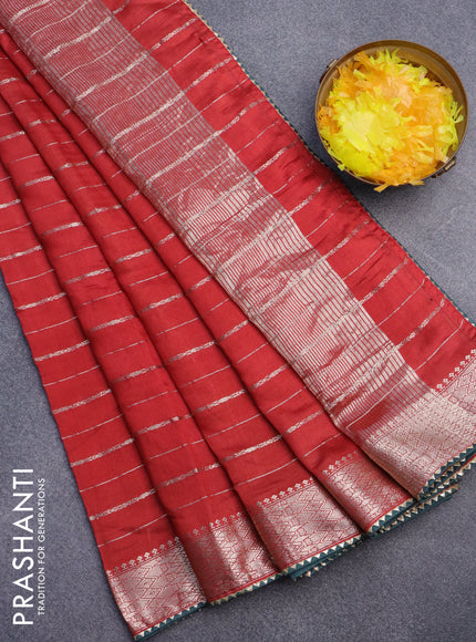 Semi chanderi saree red and dark green with allover zari woven stripes pattern and zari woven & gotapatti lace work border