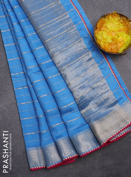 Semi chanderi saree cs blue and pink with allover zari woven stripes pattern and zari woven & gotapatti lace work border