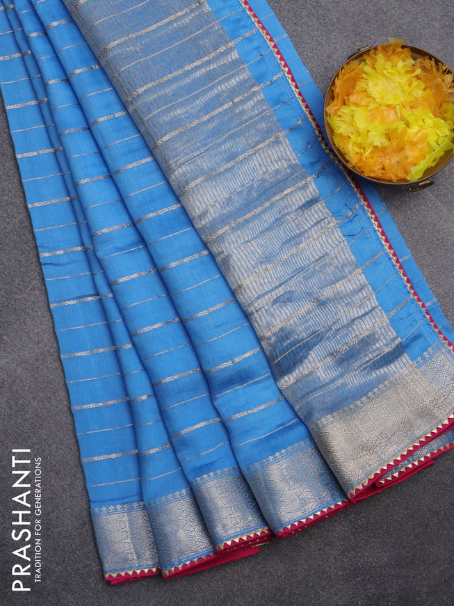 Semi chanderi saree cs blue and pink with allover zari woven stripes pattern and zari woven & gotapatti lace work border