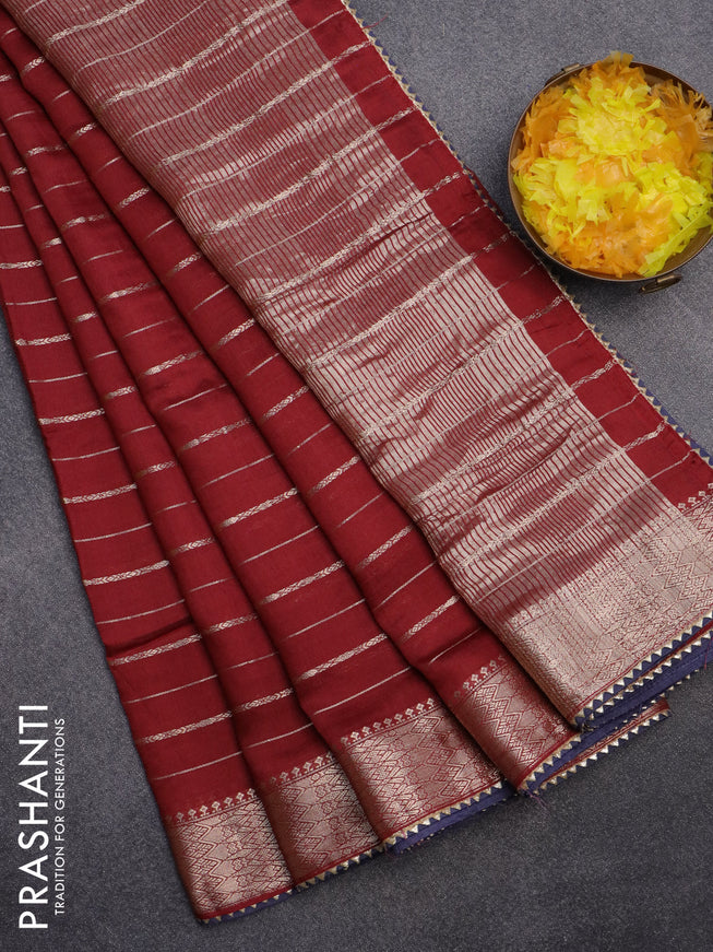 Semi chanderi saree maroon and blue with allover zari woven stripes pattern and zari woven & gotapatti lace work border