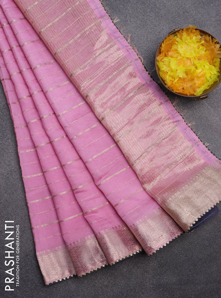 Semi chanderi saree light pink and grey with allover zari woven stripes pattern and zari woven & gotapatti lace work border