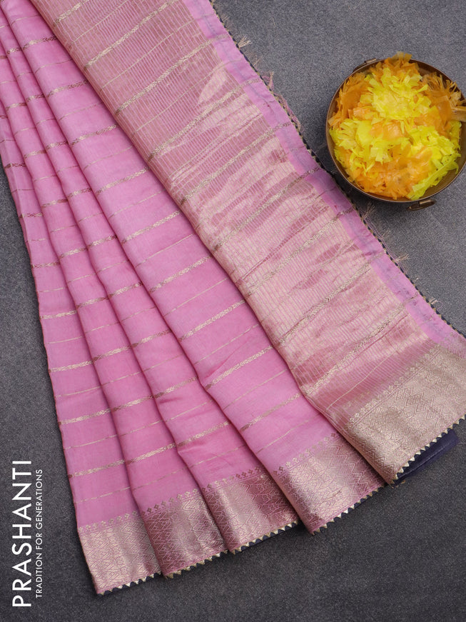 Semi chanderi saree light pink and grey with allover zari woven stripes pattern and zari woven & gotapatti lace work border