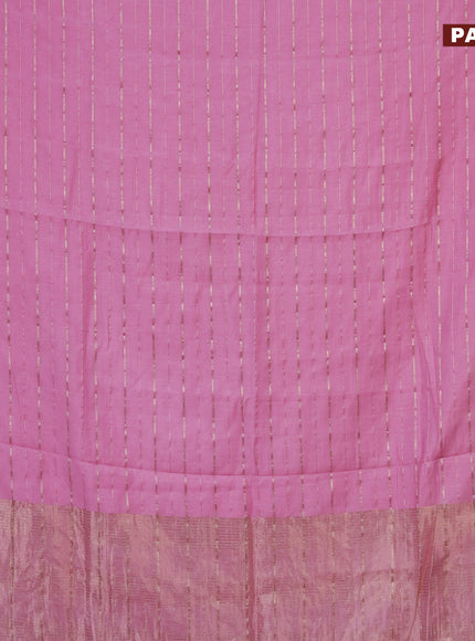 Semi chanderi saree light pink and grey with allover zari woven stripes pattern and zari woven & gotapatti lace work border