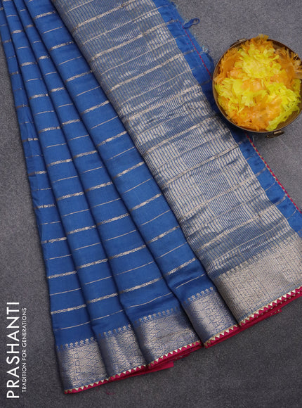 Semi chanderi saree cs blue and pink with allover zari woven stripes pattern and zari woven & gotapatti lace work border