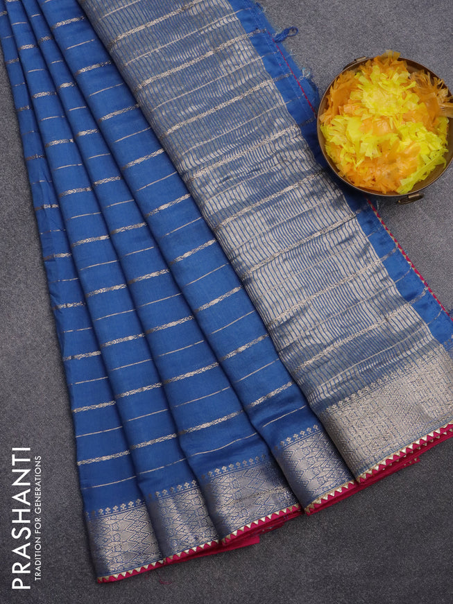 Semi chanderi saree cs blue and pink with allover zari woven stripes pattern and zari woven & gotapatti lace work border