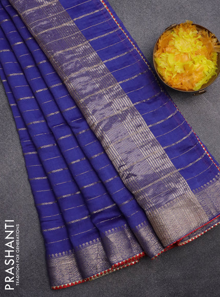 Semi chanderi saree blue and red with allover zari woven stripes pattern and zari woven & gotapatti lace work border