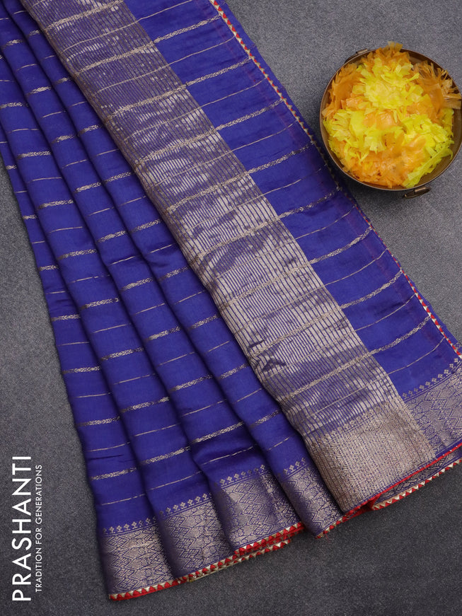 Semi chanderi saree blue and red with allover zari woven stripes pattern and zari woven & gotapatti lace work border