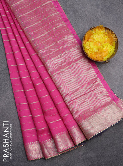 Semi chanderi saree pink and grey with allover zari woven stripes pattern and zari woven & gotapatti lace work border