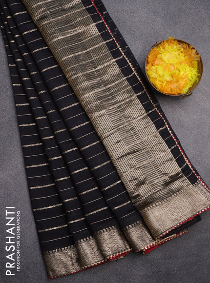 Semi chanderi saree black and maroon with allover zari woven stripes pattern and zari woven & gotapatti lace work border